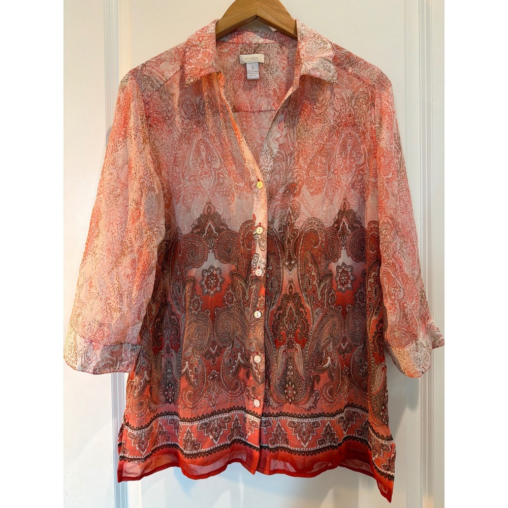 Chicos Sheer Paisley Print Button Down Blouse Orange Coral Red Size 1 Medium